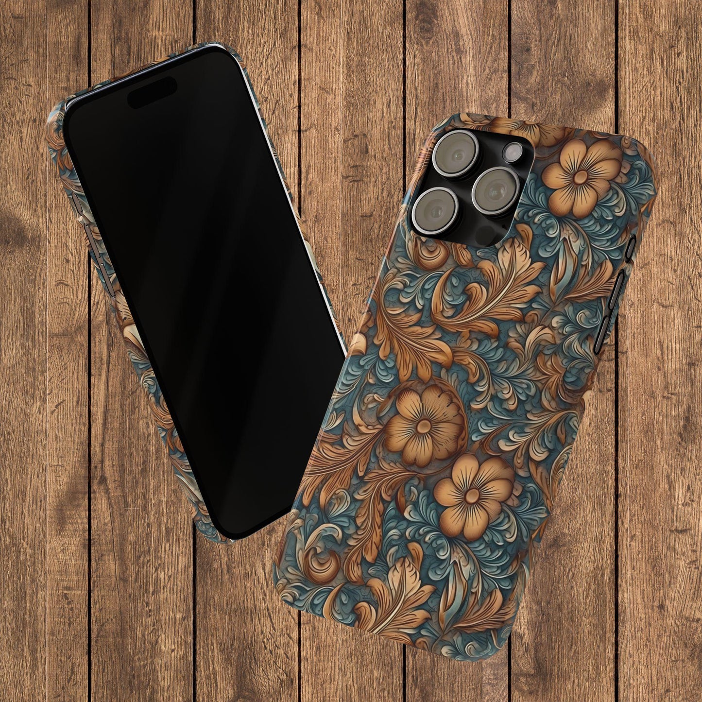 Blue Tooled Leather Western Slim iPhone Case