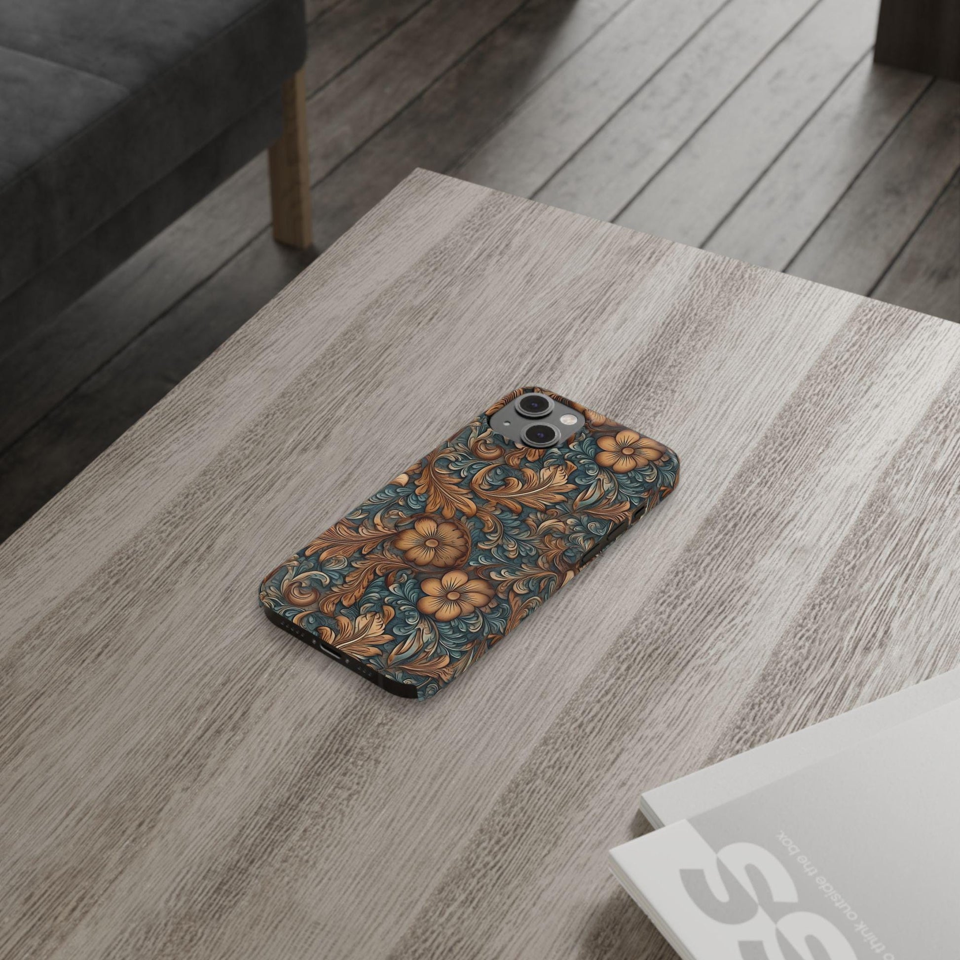 Blue Tooled Leather Western Slim iPhone Case