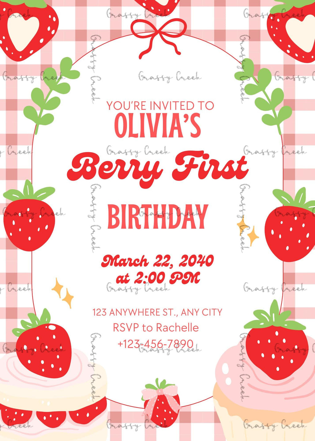 Berry First Strawberry Themed Customized Printable Birthday Invitation - Digital Download