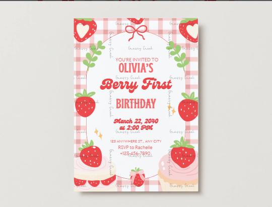 Berry First Strawberry Themed Customized Printable Birthday Invitation - Digital Download