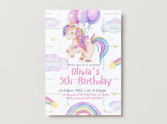 Unicorn & Rainbow Watercolor Themed Customized Printable Birthday Invitation - Digital Download