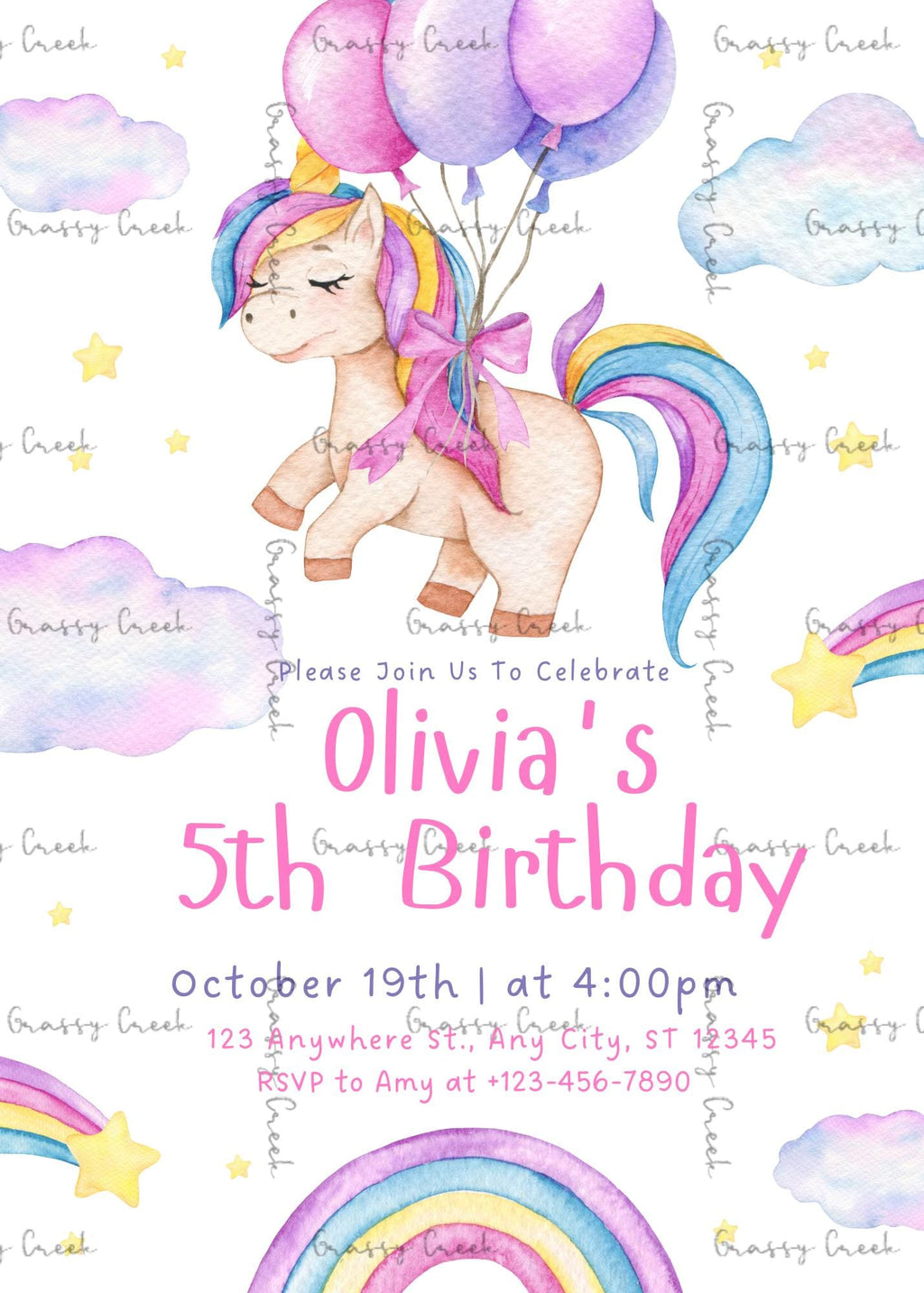 Unicorn & Rainbow Watercolor Themed Customized Printable Birthday Invitation - Digital Download