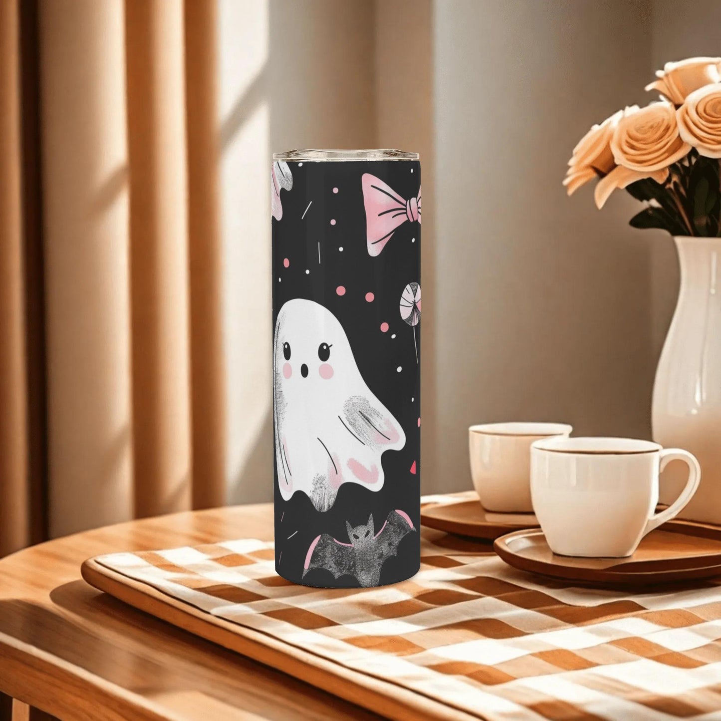 Ghosts & Bats with Pink Accents Girly Halloween 20oz Skinny Stainless Steel Tumbler