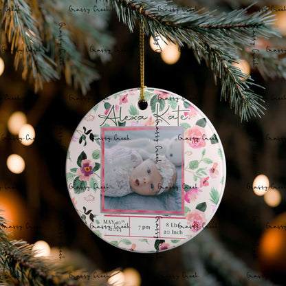 Personalized Baby Girl Floral Birth Stats Photo Ornament