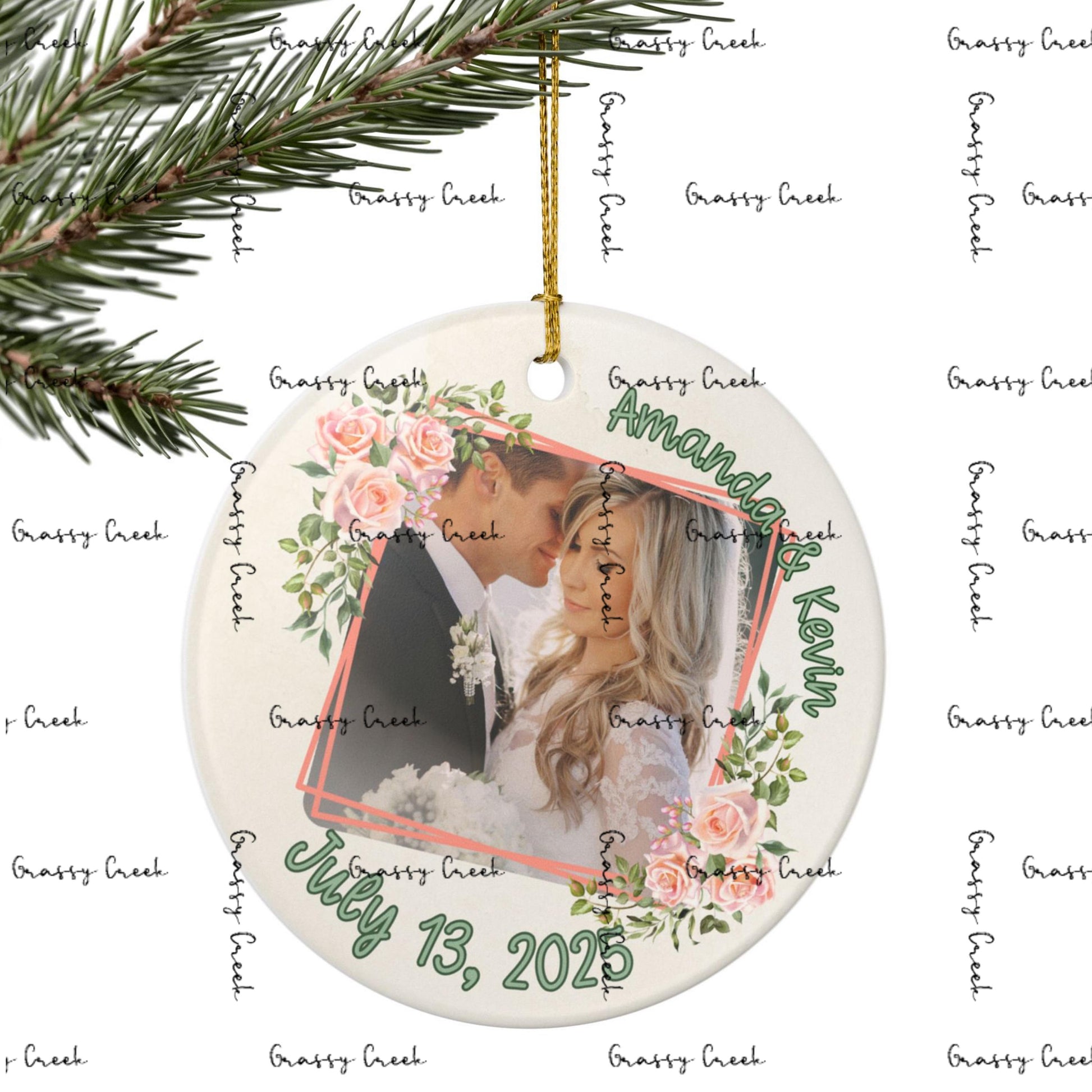 Personalized Romantic Floral Wedding Photo Ornament