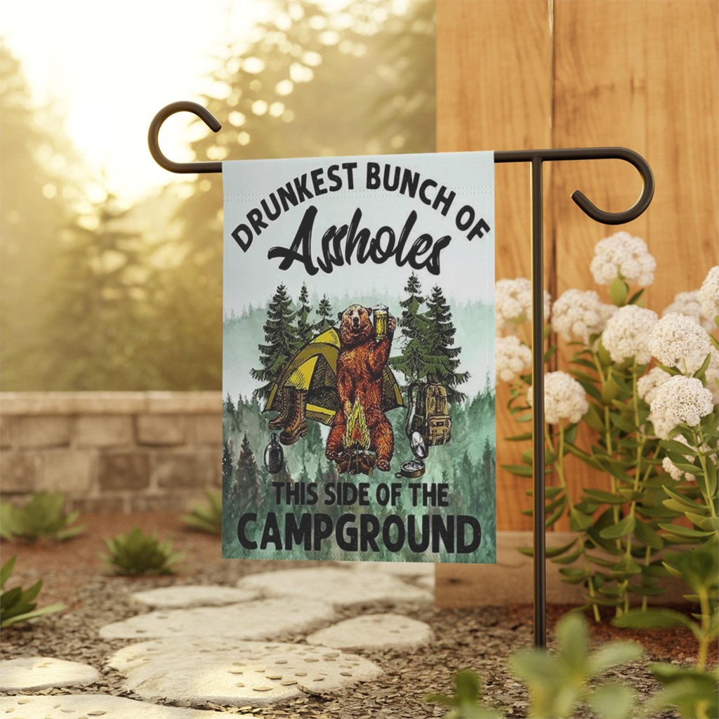 Rustic Camping Garden Banner: Funny Bear Outdoor Decor