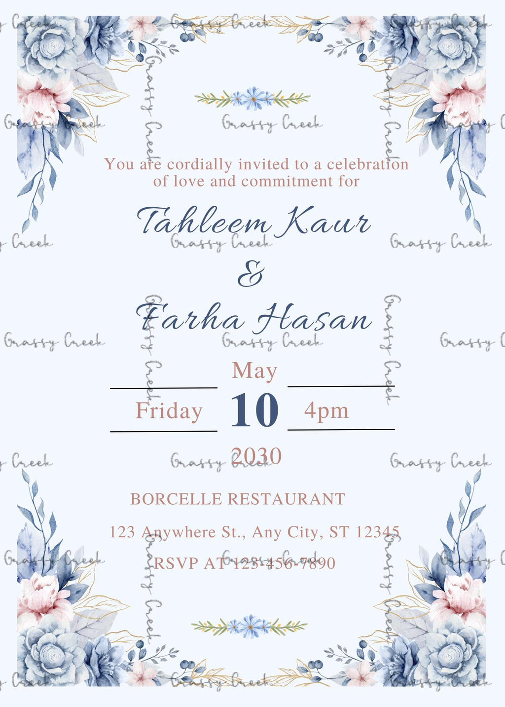 Romantic Blue & Ivory Floral Wedding Customized Printable Invitation - Digital Download