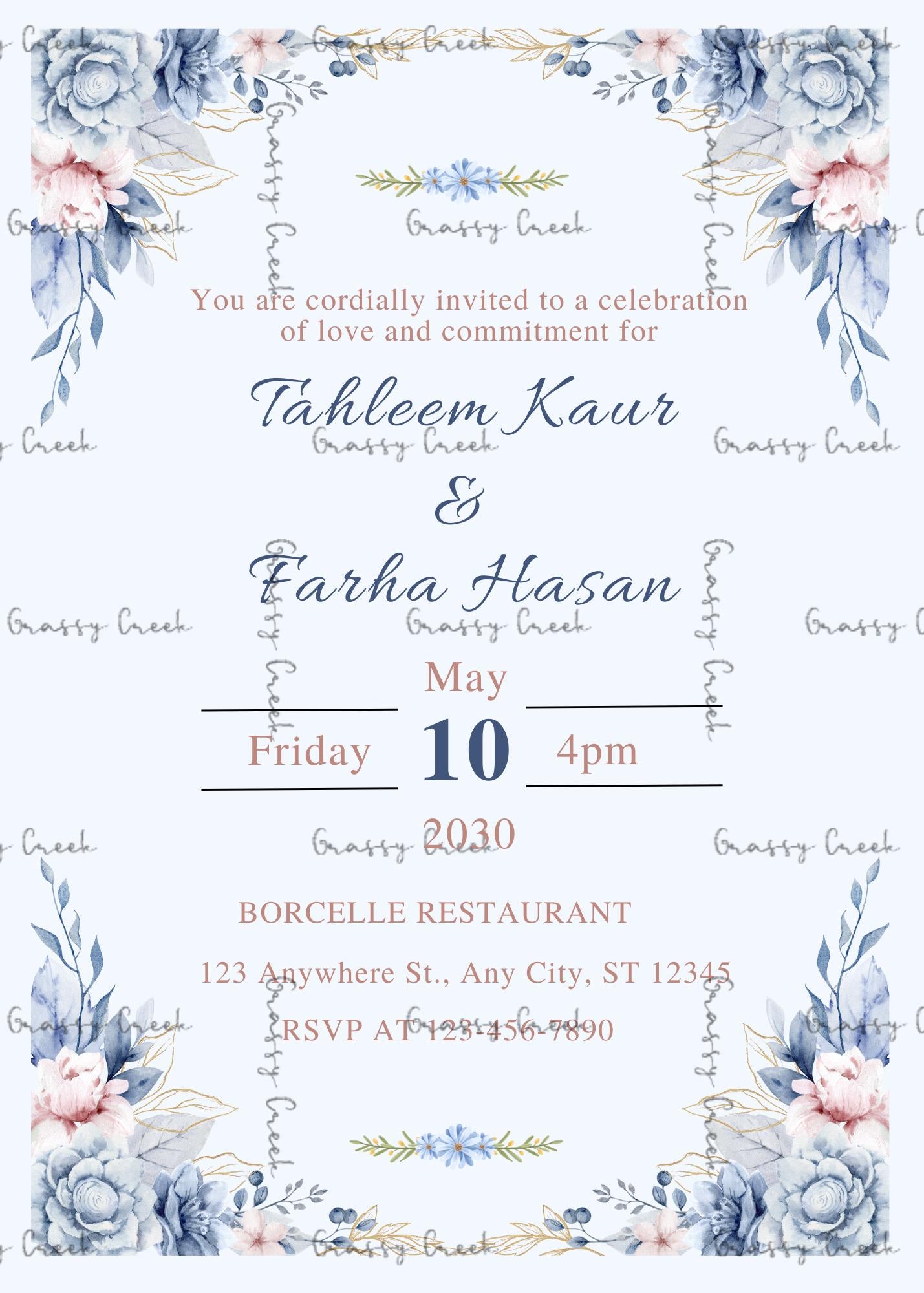 Romantic Blue & Ivory Floral Wedding Customized Printable Invitation - Digital Download