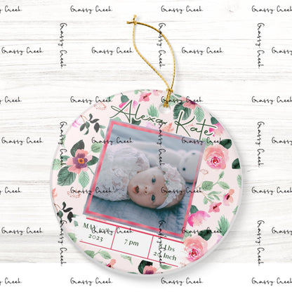 Personalized Baby Girl Floral Birth Stats Photo Ornament