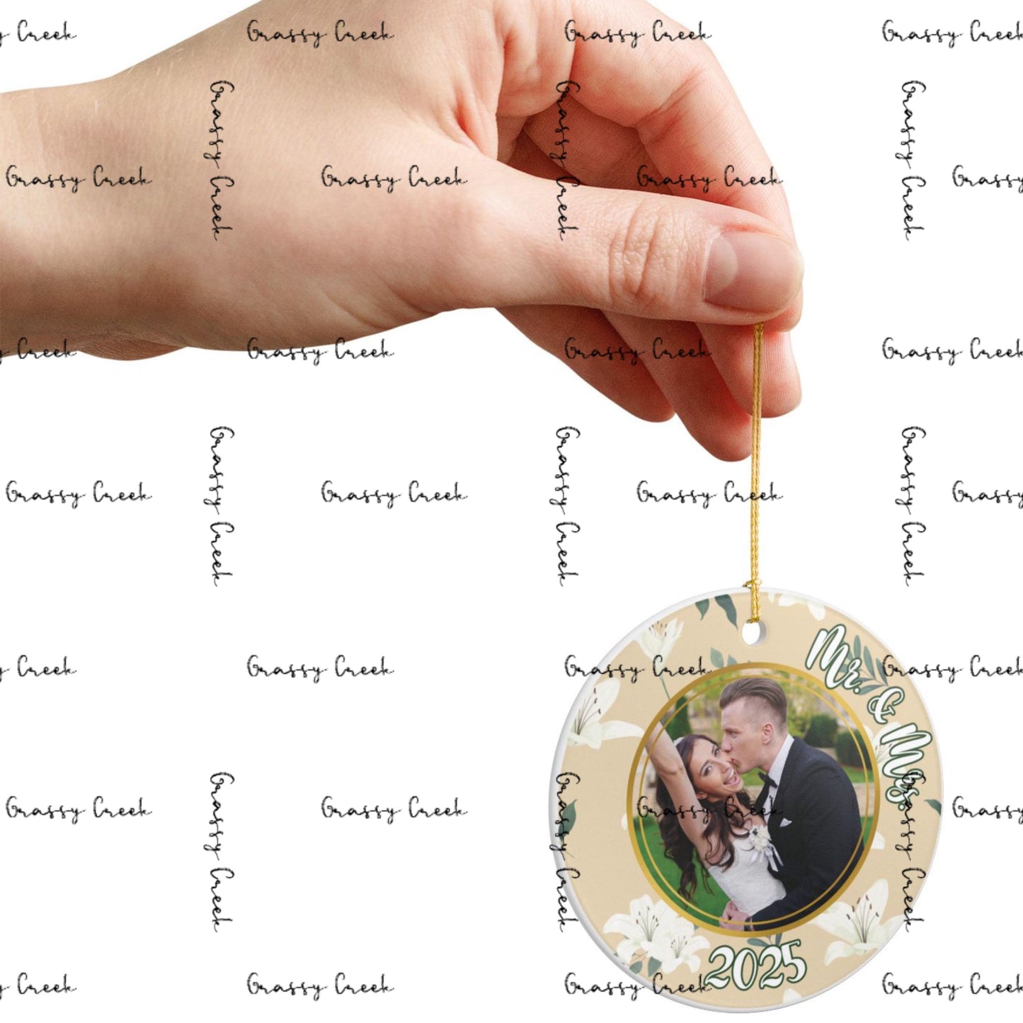 Personalized White Floral Wedding Ornament, Mr & Mrs, Newlywed Gift, Christmas Keepsake, Engagement Celebration