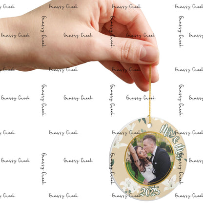 Personalized White Floral Wedding Ornament, Mr & Mrs, Newlywed Gift, Christmas Keepsake, Engagement Celebration