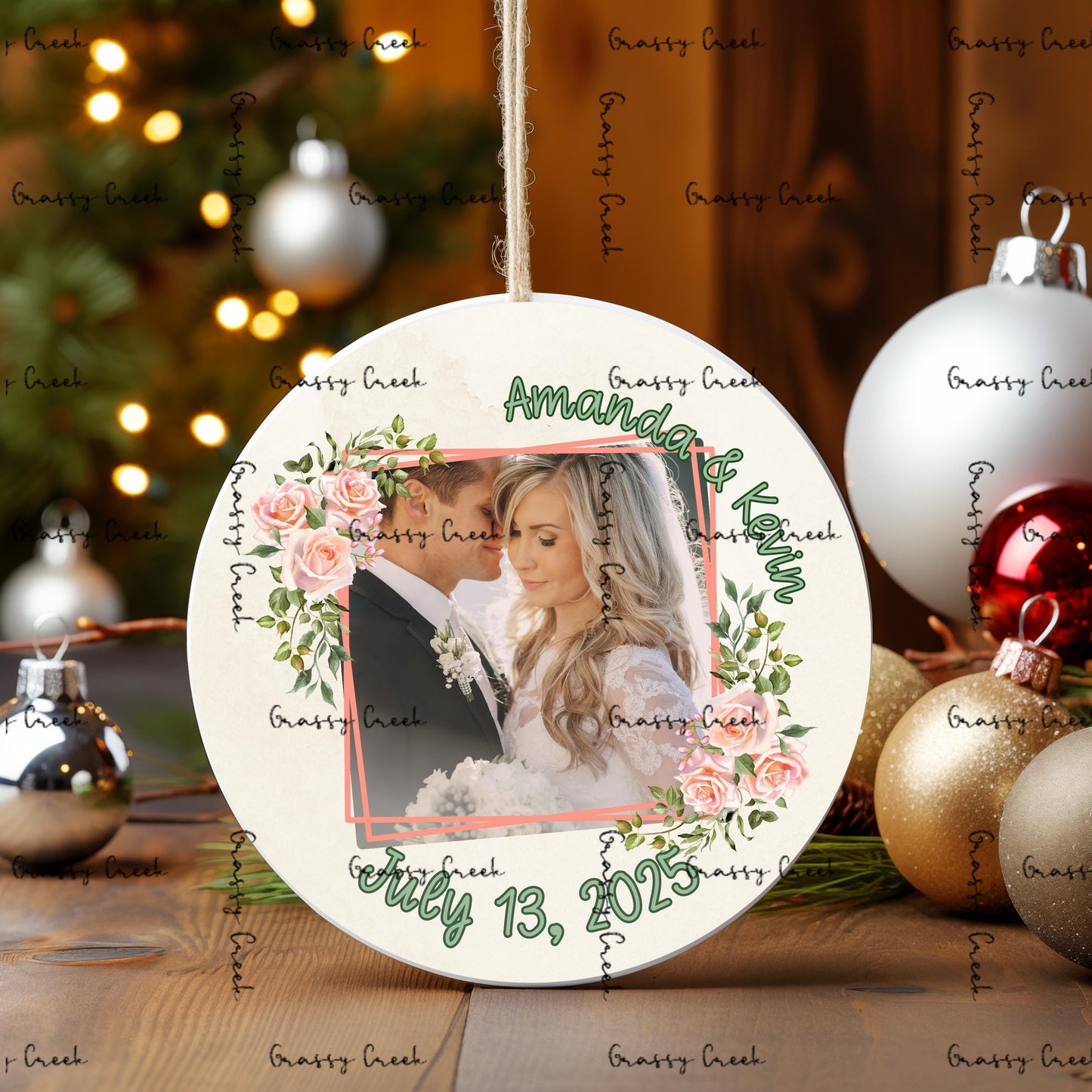 Personalized Romantic Floral Wedding Photo Ornament