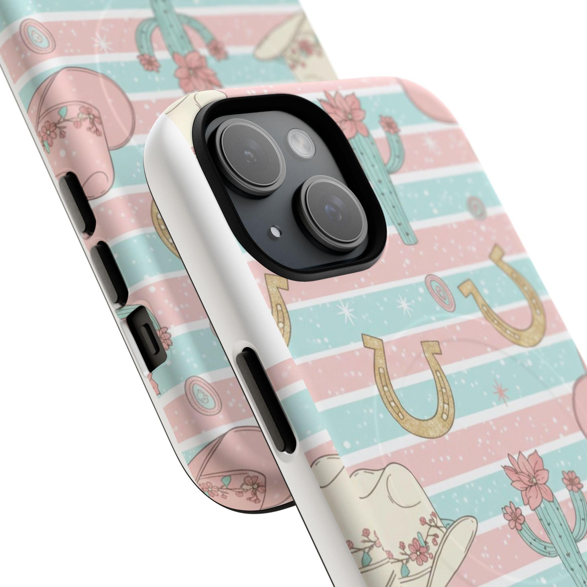 Pastel Print Striped Rodeo Style Western Magnetic Impact-Resistant Phone Case for Apple iPhone Models