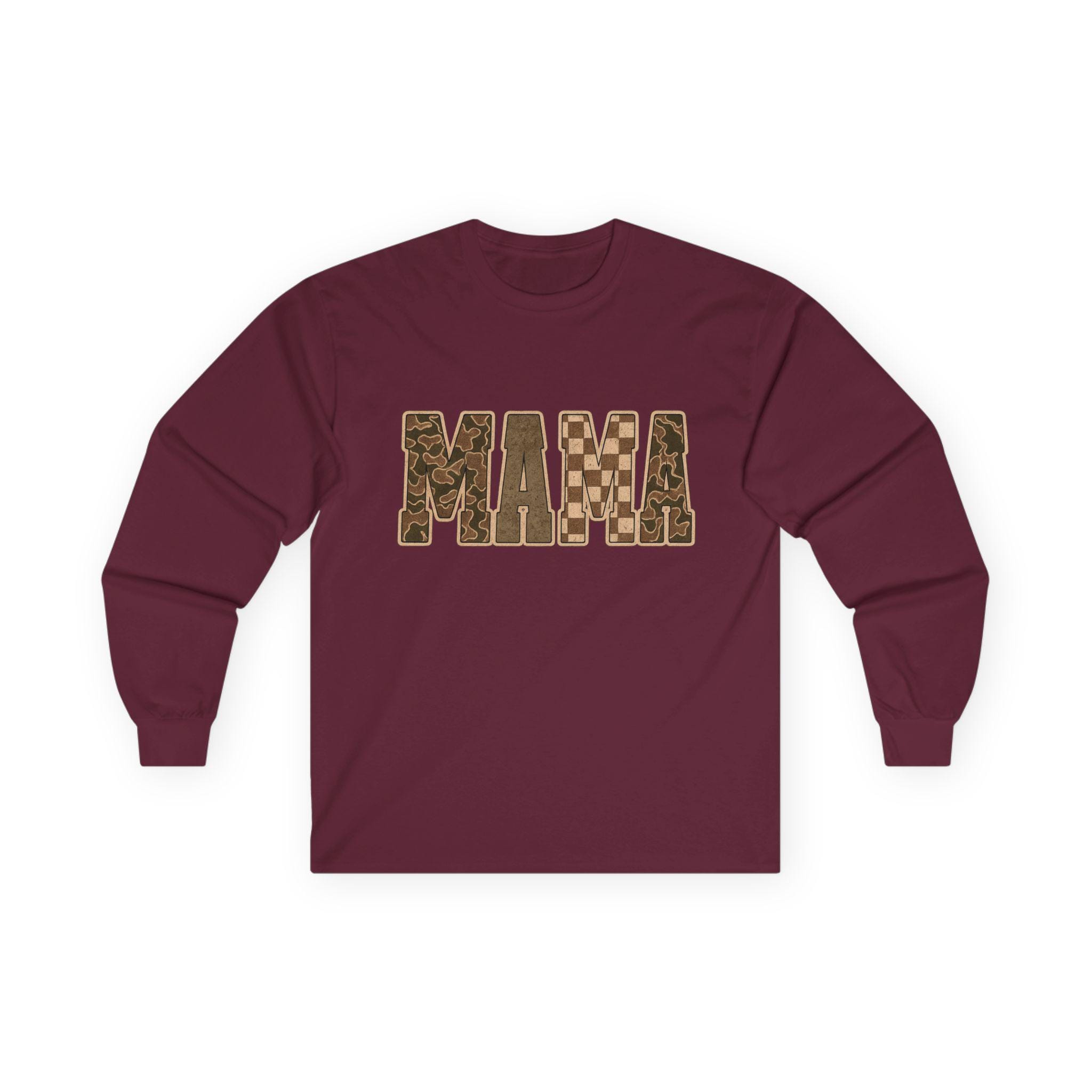 Checkered Camo Mama Shirt: Neutral Brown Long Sleeve Graphic Tee