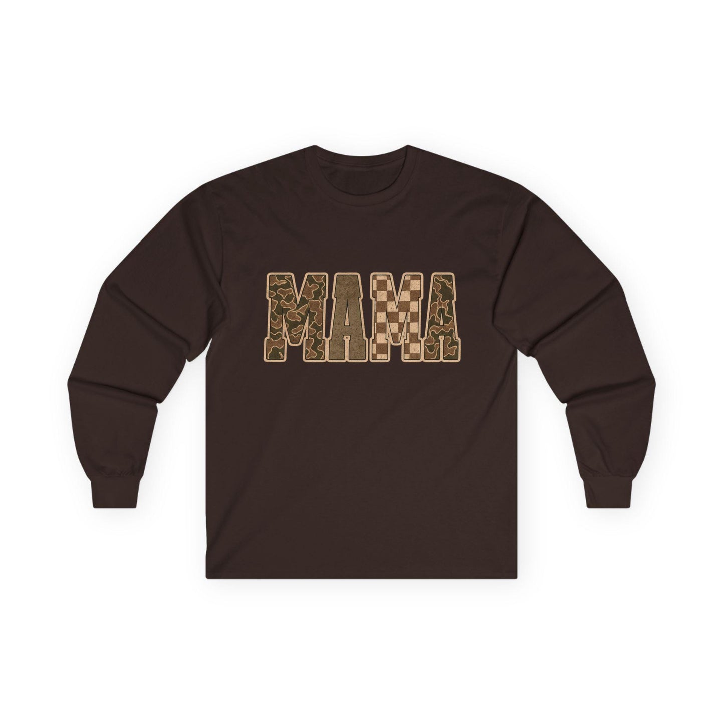 Checkered Camo Mama Shirt: Neutral Brown Long Sleeve Graphic Tee