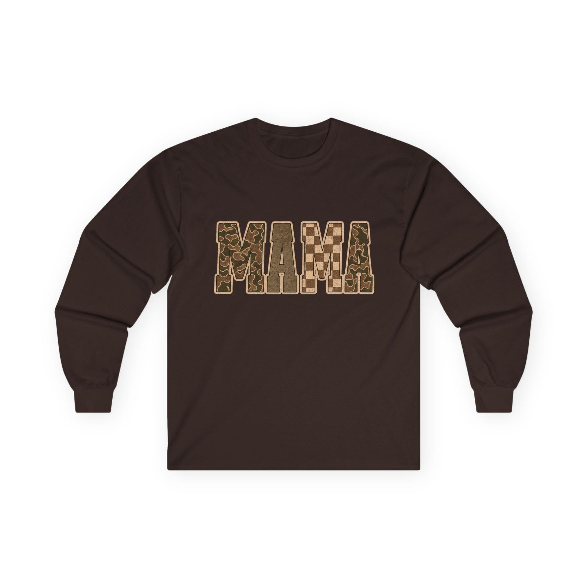 Checkered Camo Mama Shirt: Neutral Brown Long Sleeve Graphic Tee