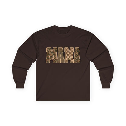 Checkered Camo Mama Shirt: Neutral Brown Long Sleeve Graphic Tee
