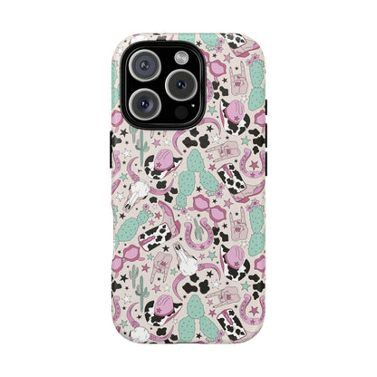 Boots, Skulls & Cactus Pastel Western Print Magnetic Impact-Resistant Phone Case for Apple iPhone Models