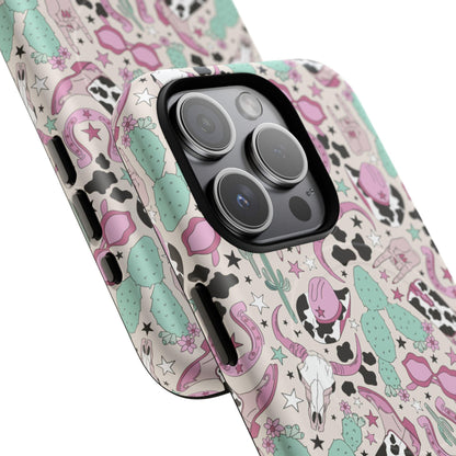 Boots, Skulls & Cactus Pastel Western Print Magnetic Impact-Resistant Phone Case for Apple iPhone Models
