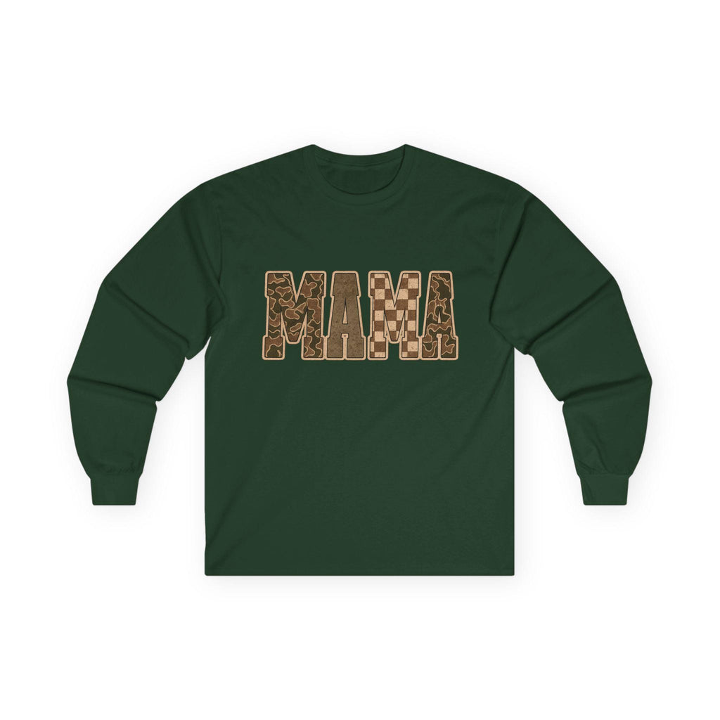 Checkered Camo Mama Shirt: Neutral Brown Long Sleeve Graphic Tee