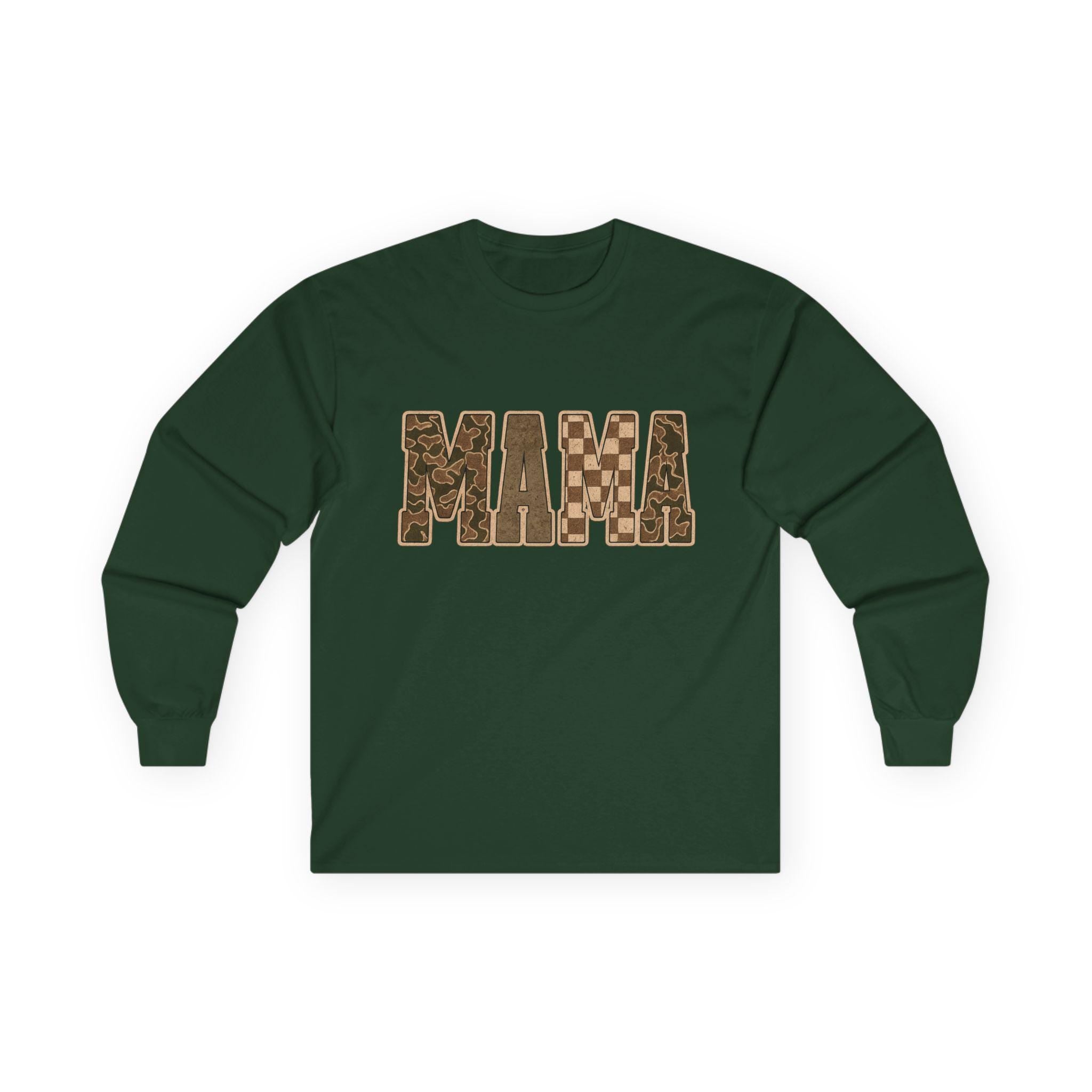 Checkered Camo Mama Shirt: Neutral Brown Long Sleeve Graphic Tee