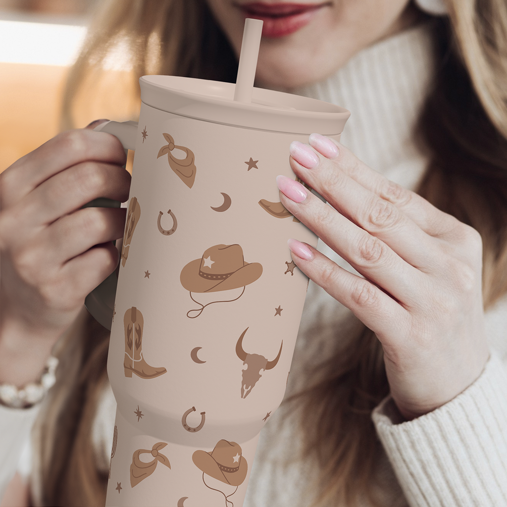 Tan Cowgirl Tumbler 40oz Stainless Steel Cup with Handle and Straw