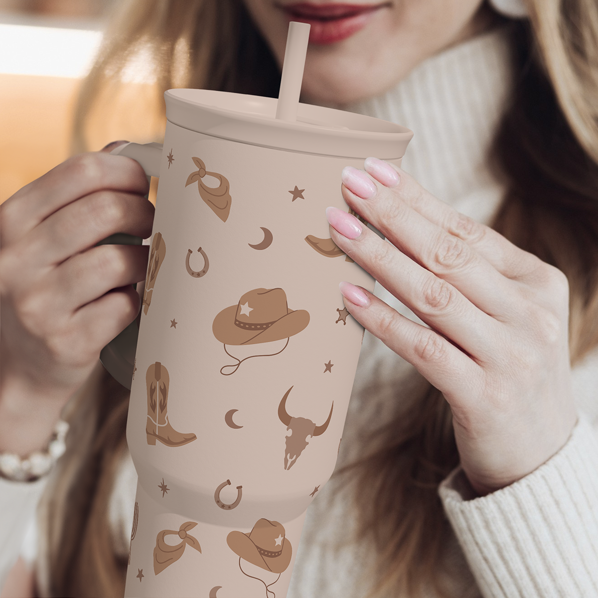 Tan Cowgirl Tumbler 40oz Stainless Steel Cup with Handle and Straw