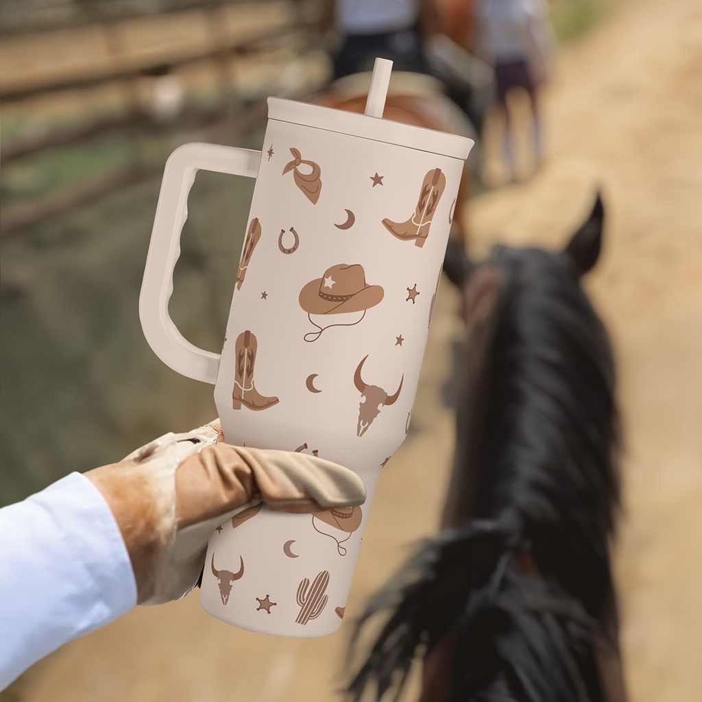 Tan Cowgirl Tumbler 40oz Stainless Steel Cup with Handle and Straw