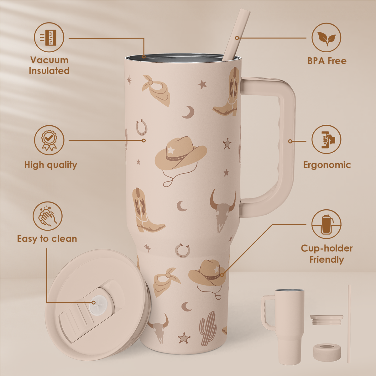Tan Cowgirl Tumbler 40oz Stainless Steel Cup with Handle and Straw