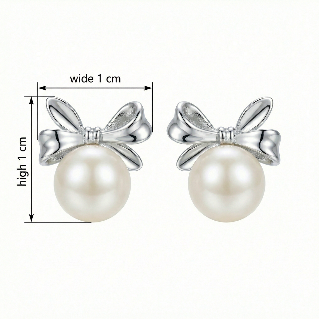 Sterling Silver Bow Knot Pearl Stud Earrings Size Dimension Markers