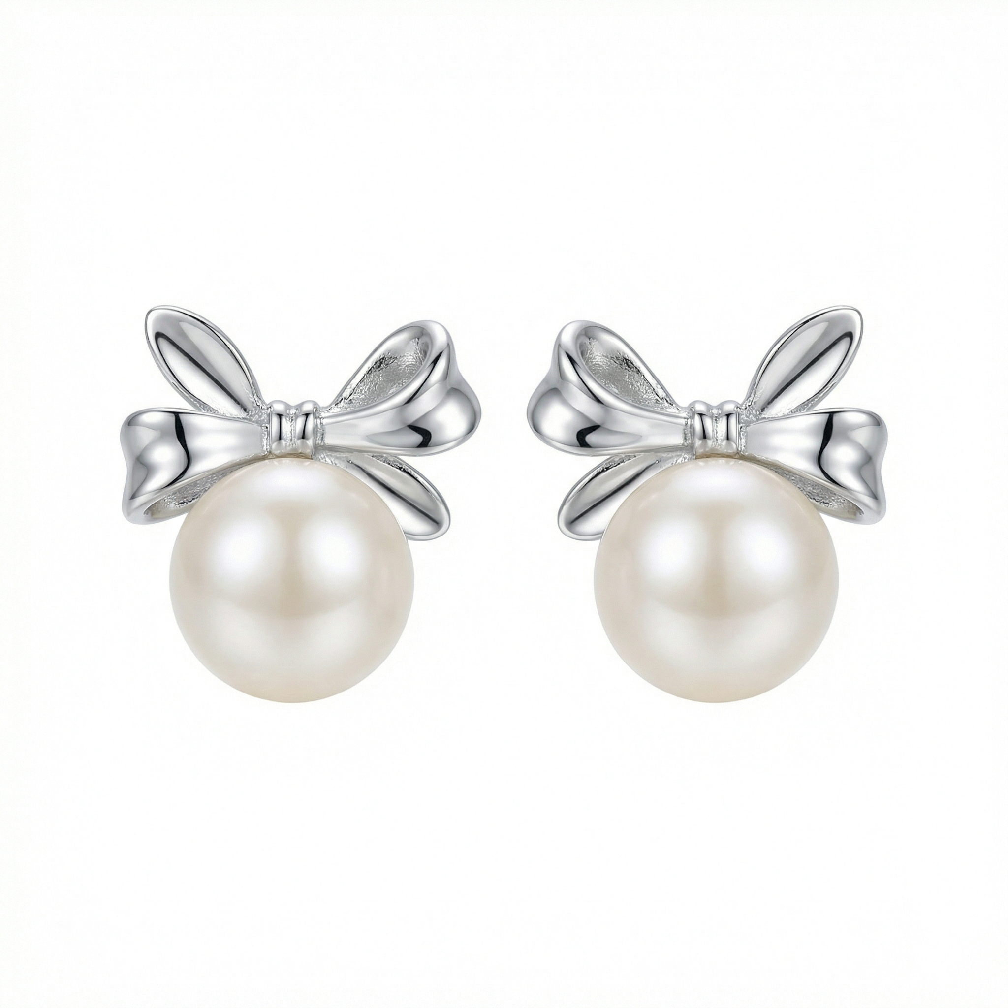 Sterling Silver Bow Knot Pearl Stud Earrings on White Background