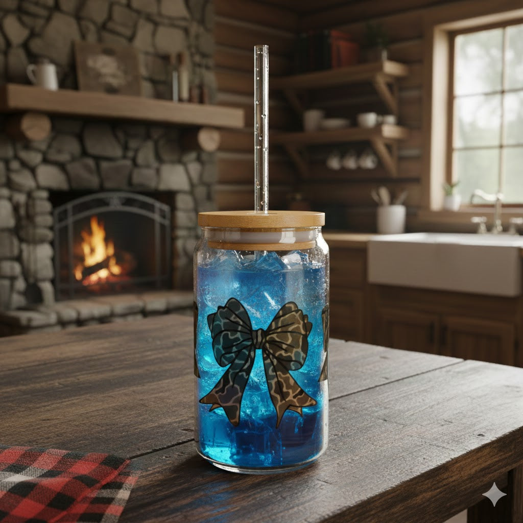 Camouflage Bows 16oz Glass Can Tumbler with Lid & Reusable Straw