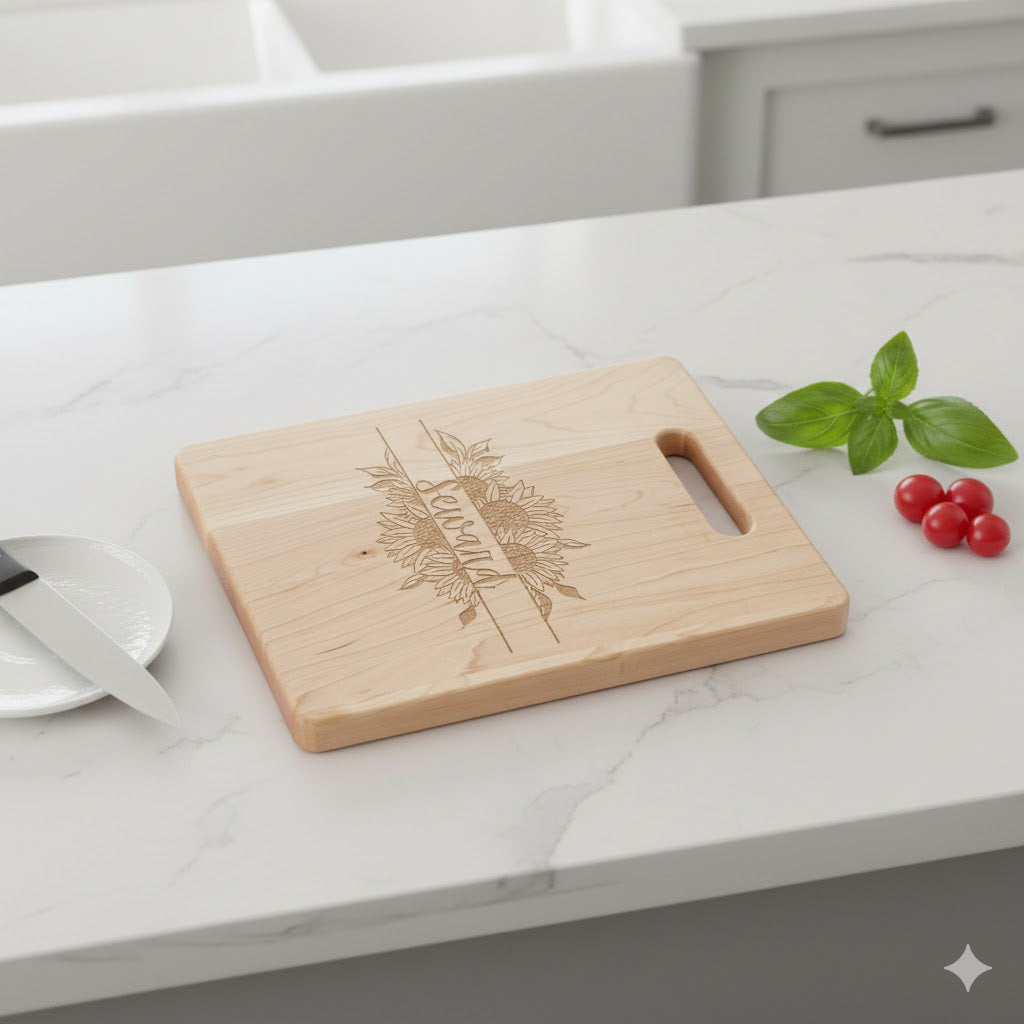 Sunflower Personalized Family Name Maple Cutting Board 11.5" x 8.75"