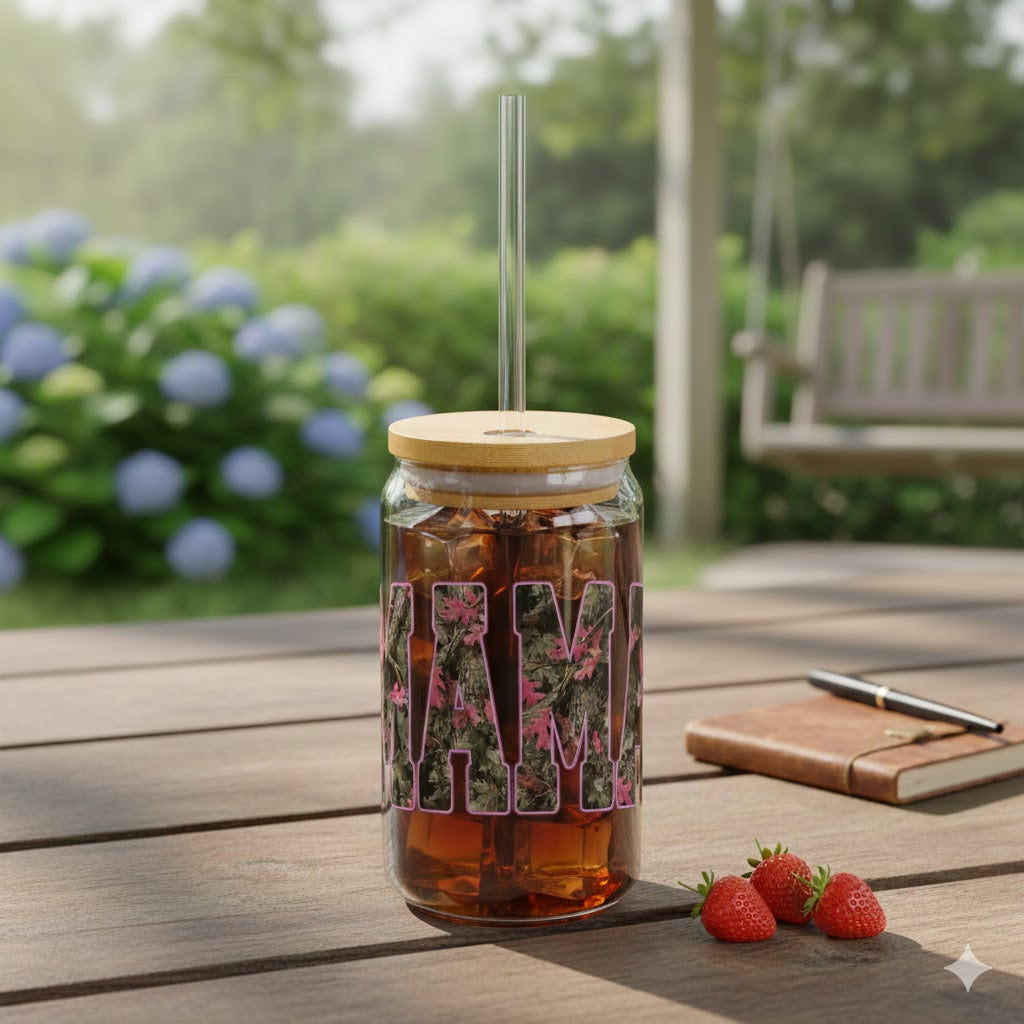 Pink Camouflage MAMA 16oz Glass Can Tumbler with Lid & Reusable Straw