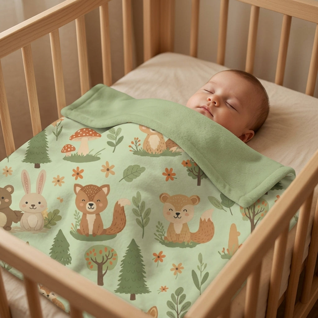 Sage green woodland baby blanket covering a sleeping baby in crib