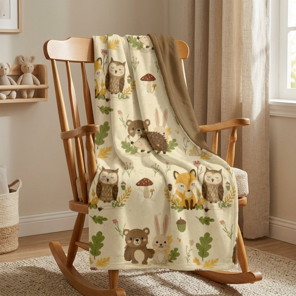 Cream woodland creatures baby blanket draped on nursery rocking chair