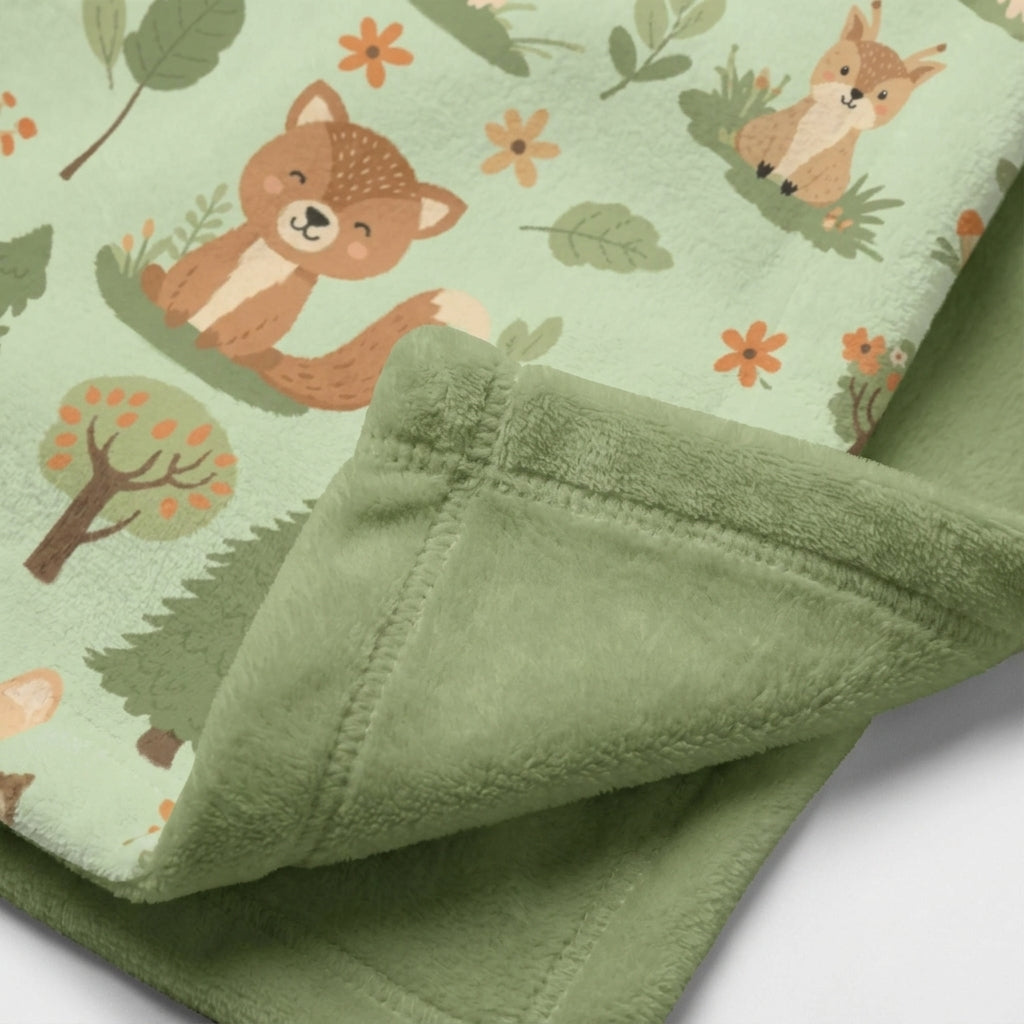 A macro close-up showing the ultra-soft, velvety texture of the plush fleece baby blanket. Focuses on the neat 2-inch stitched hemmed edge and the vibrant, high-detail print of a cute little fox and deer. Cozy, tangible texture.