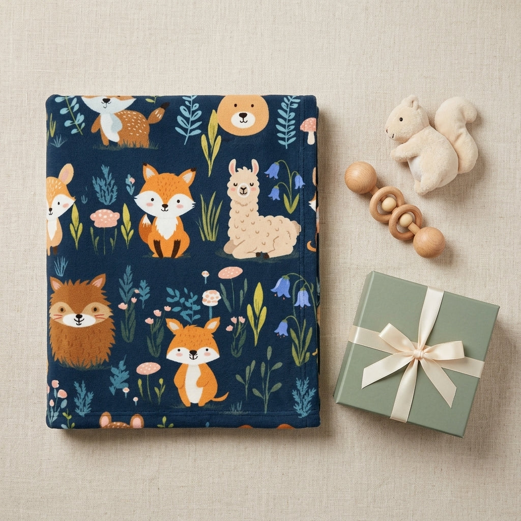 A professional flat-lay gift presentation of the navy blue woodland baby blanket, folded neatly next to a wooden baby rattle, a small plush squirrel, and an elegant gift box. Perfect baby shower gift setup, soft warm studio lighting.