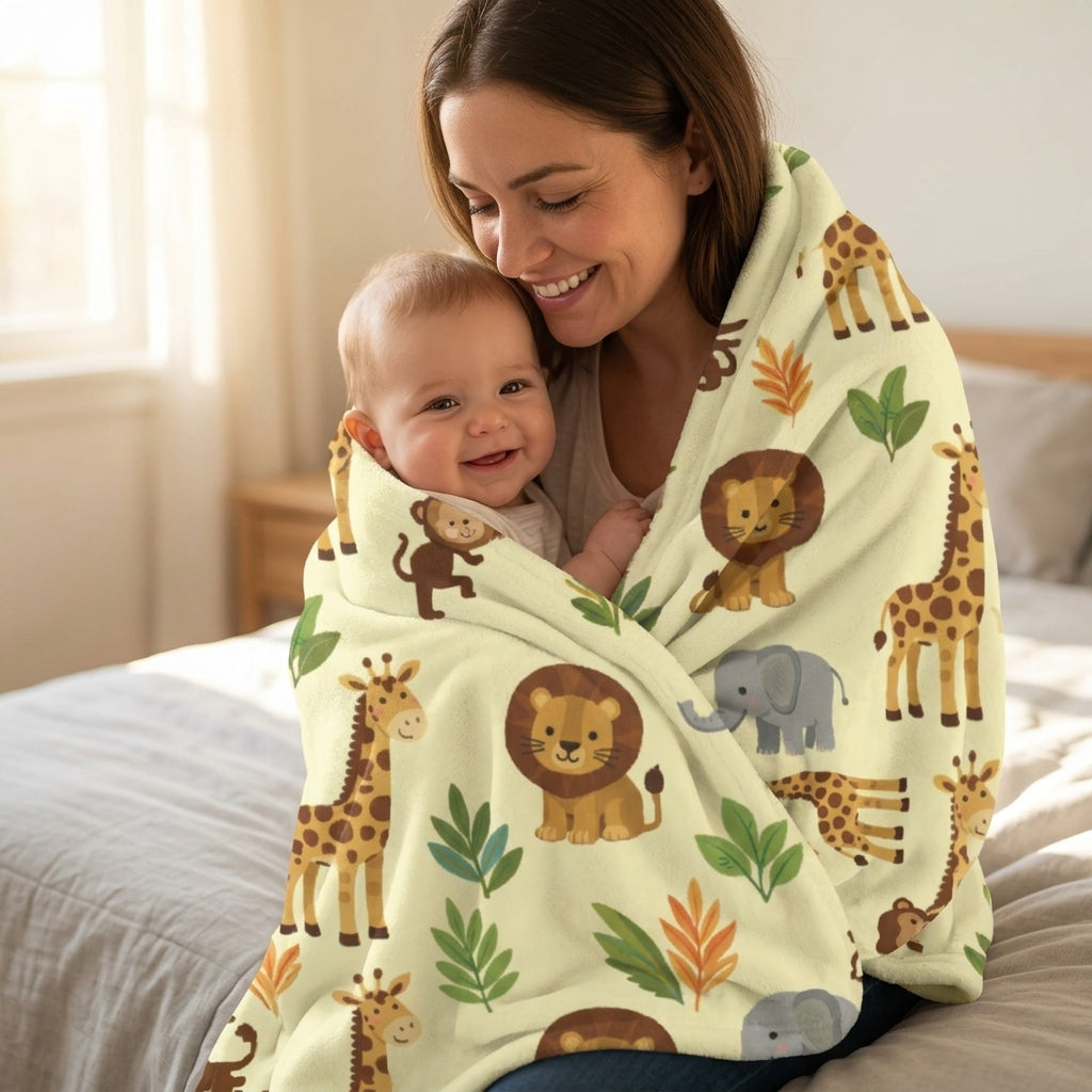A loving mother wrapping her smiling baby in the cute jungle animal nursery blanket