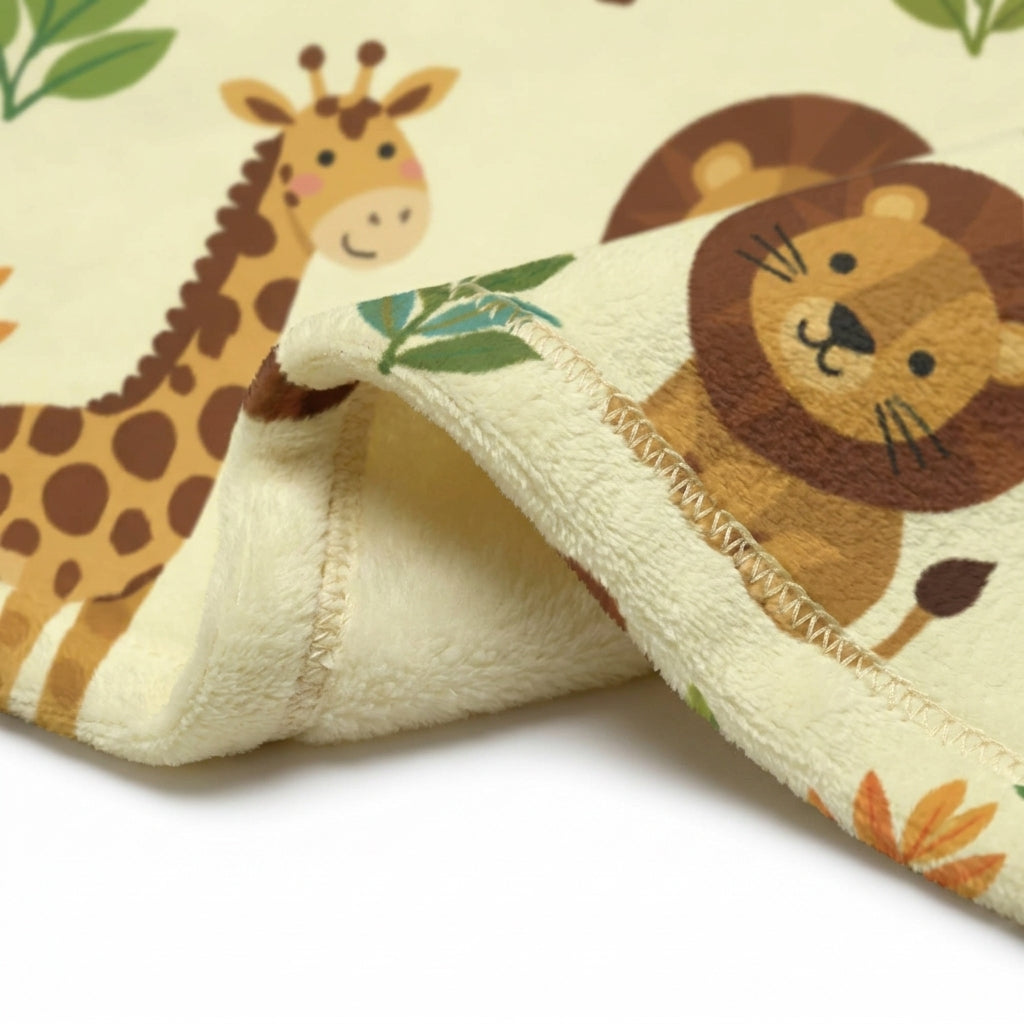 An extreme close-up macro shot focusing on the high-quality stitched hemmed edge of the blanket, showing the dense, plush, super soft velveteen microfiber texture and the vibrant print detail. Studio lighting.