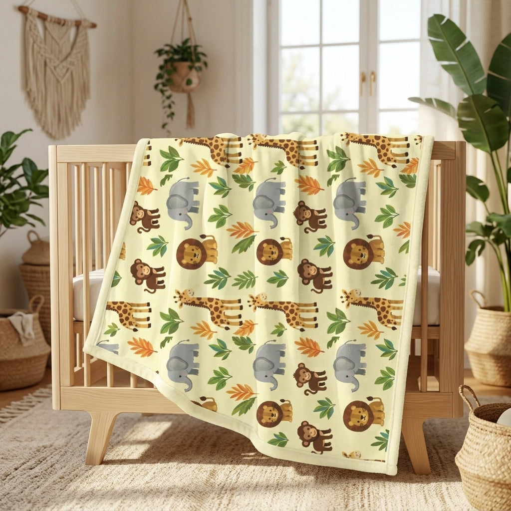 Cozy safari animal baby blanket draped over a wooden crib in a sunlit nursery