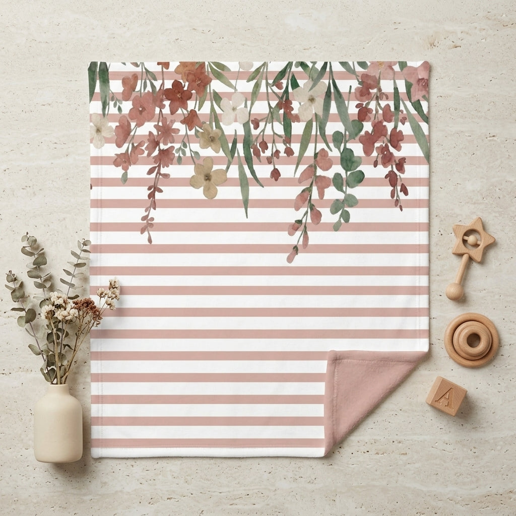 Styled flat-lay of unfolded garden stripes blanket with minimalist wood toys