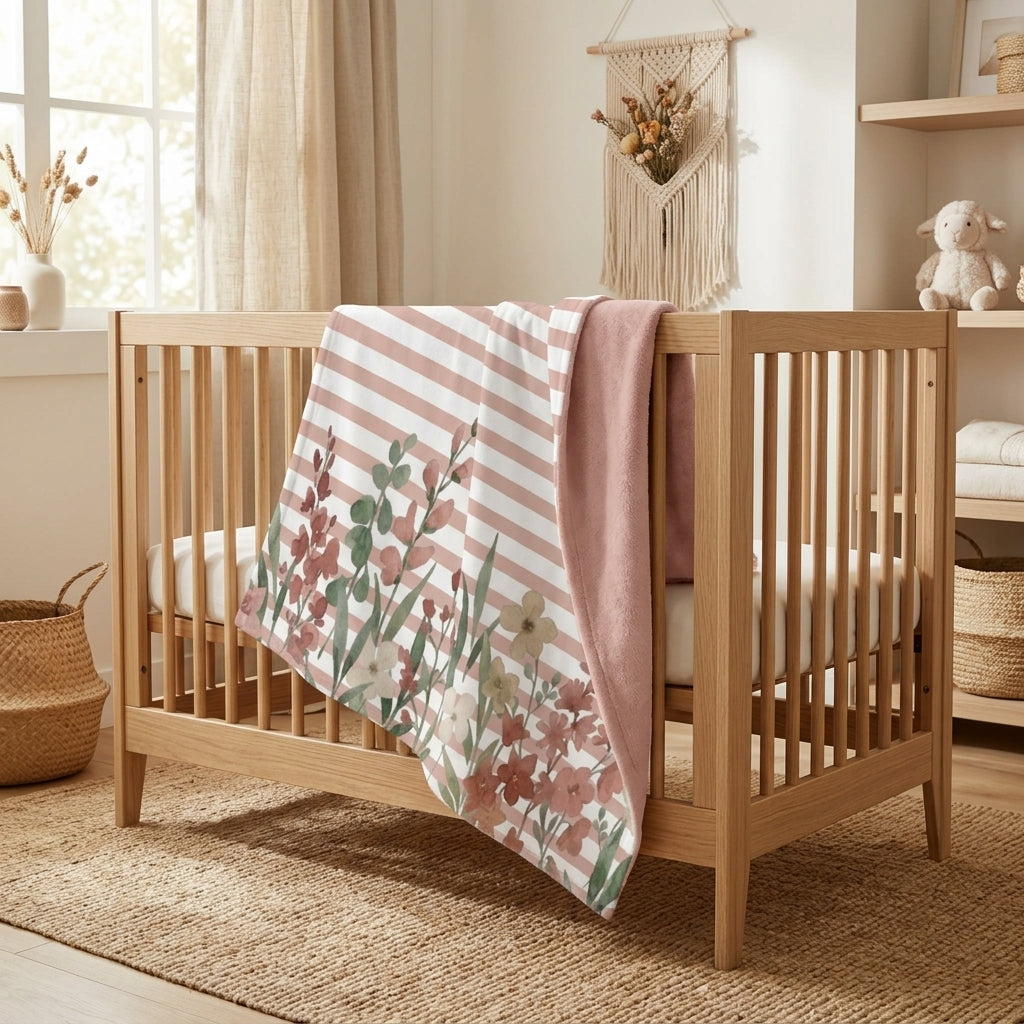 Dusty Rose Garden Stripes baby blanket draped in a modern wooden crib nursery setting