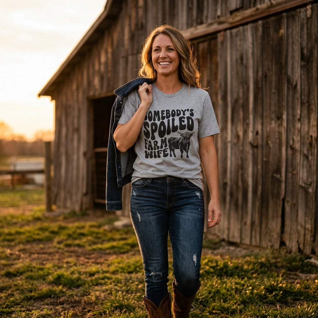 A lifestyle model wearing the heather gray Highland Cow Spoiled Farm Wife t-shirt paired with a denim jacket in a rustic barn setting