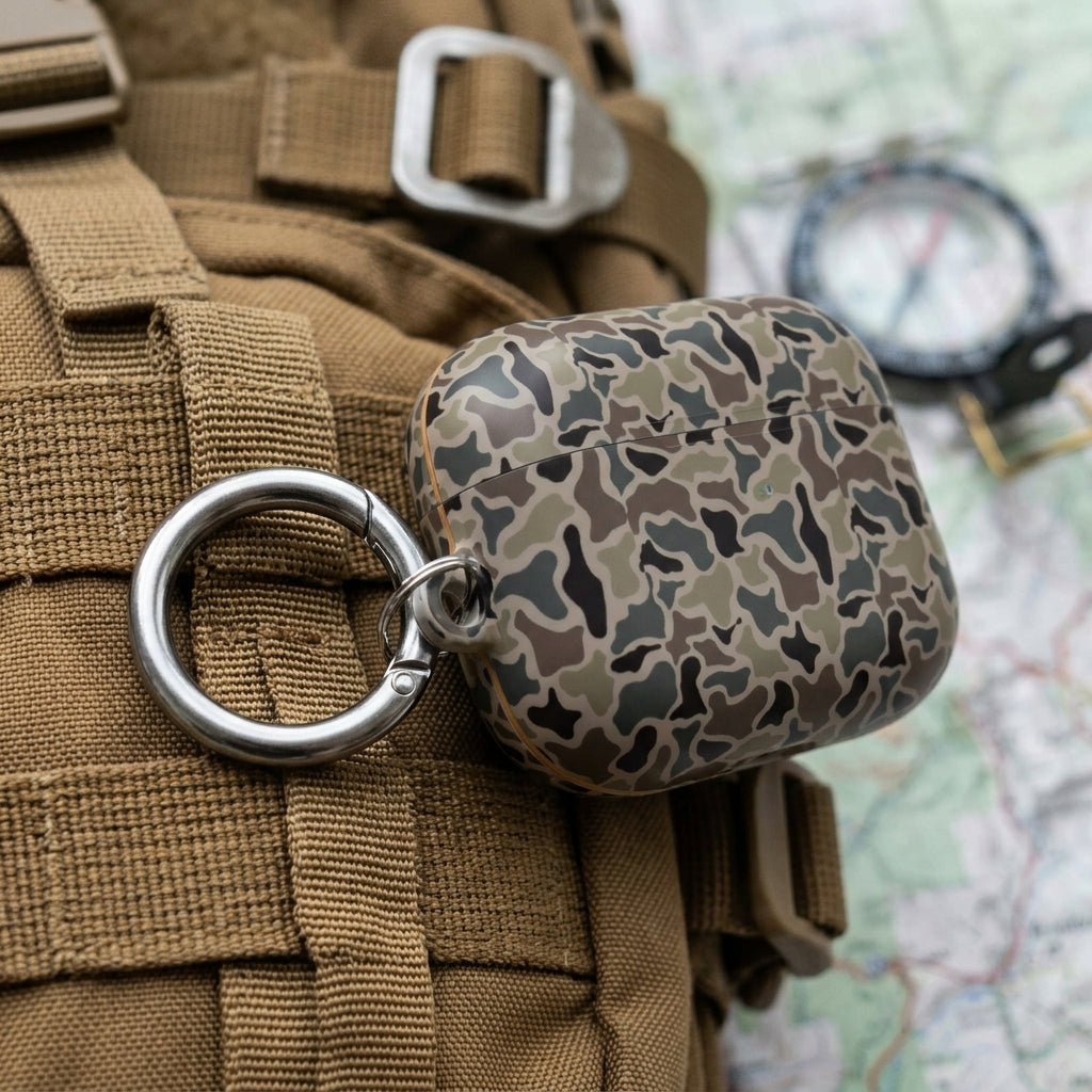 Close-up of duck camo AirPods case with carabiner attached to a backpack loop