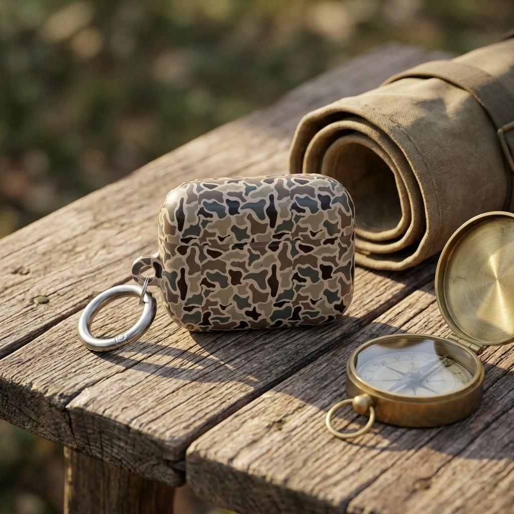 Vintage duck camo AirPods case on a weathered outdoor wooden table with camping gear