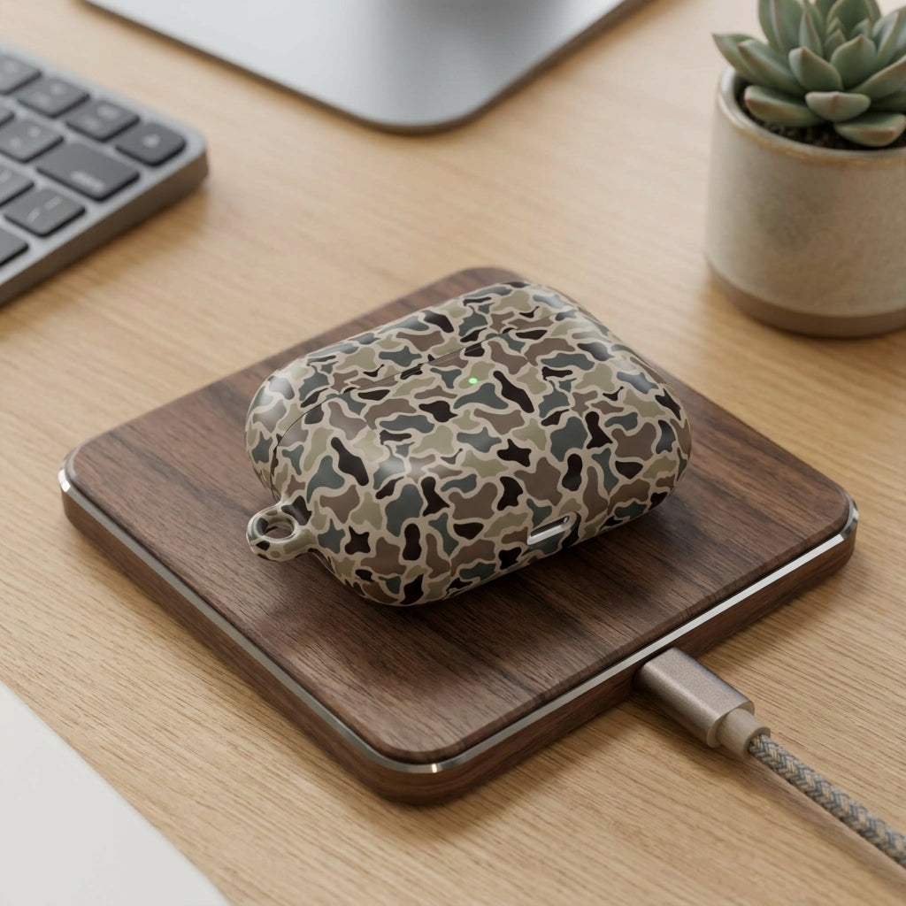 Vintage duck camo AirPods case charging on a wooden Qi wireless charging pad