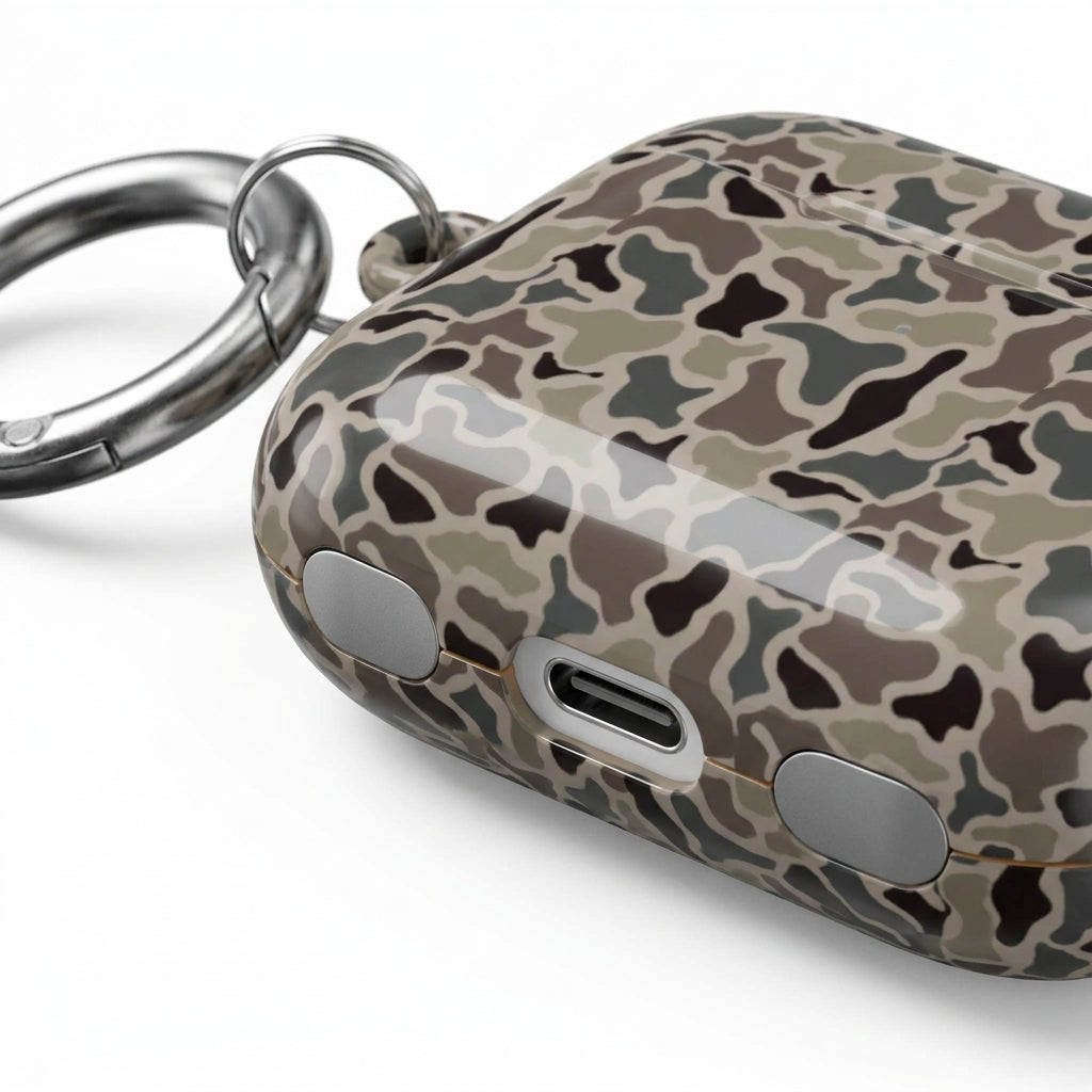 Macro detail of vintage camo hard shell texture and precise port cutouts