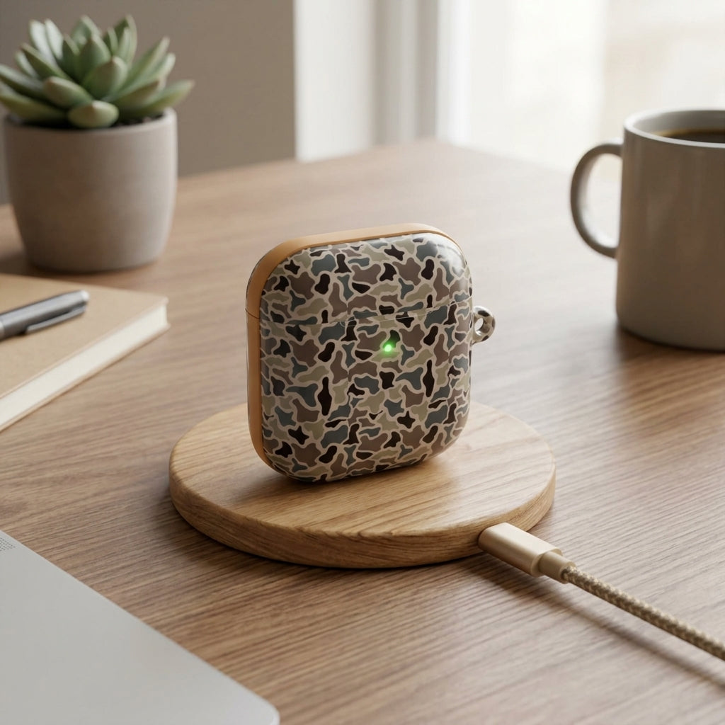 Standard style vintage duck camo AirPods case charging on a wooden wireless charging pad