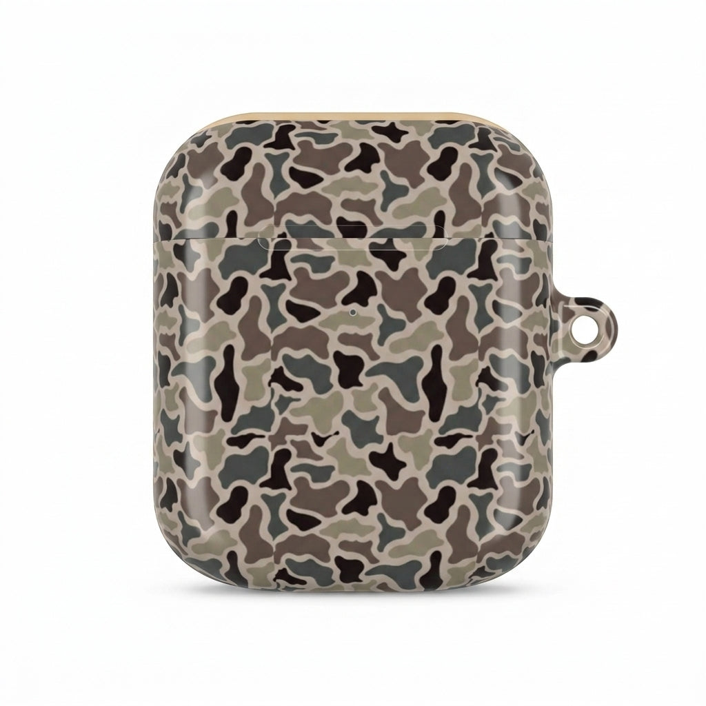 Standard vertical style vintage duck camo AirPods case cover on a clean white background